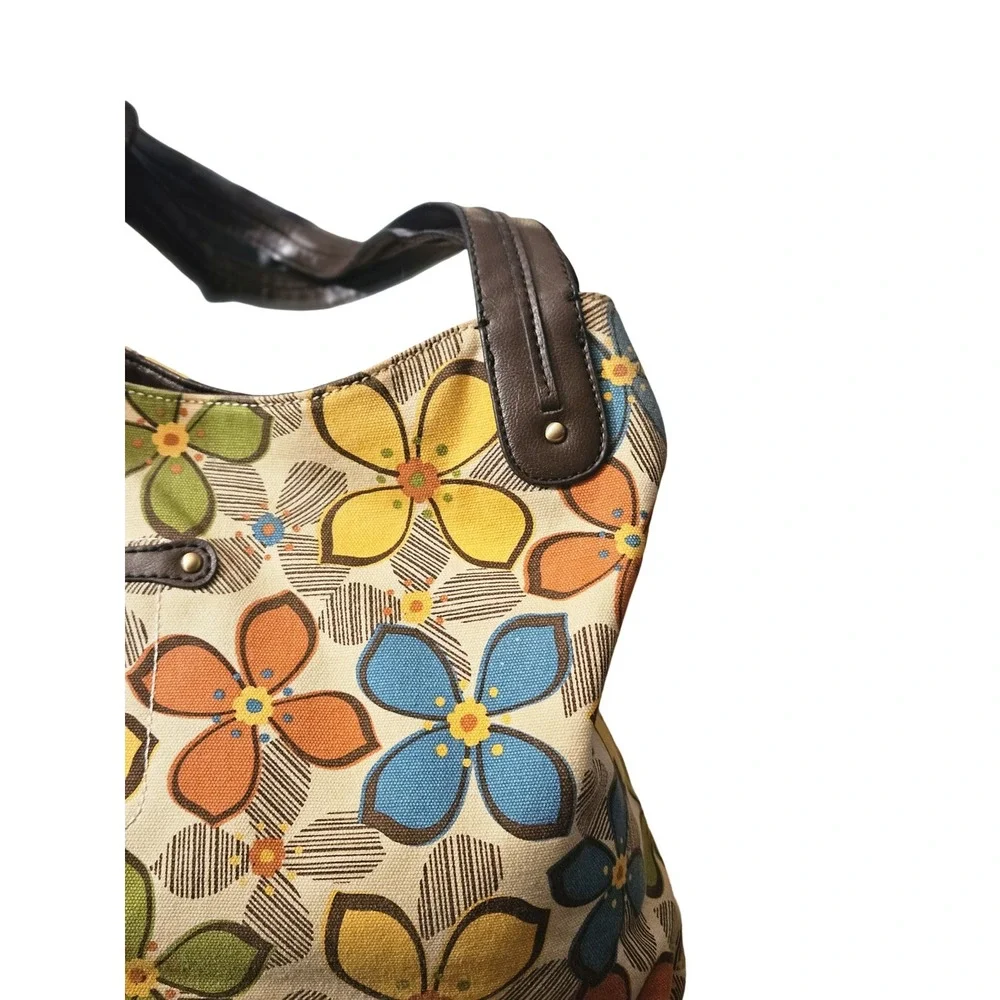 Relic Womens Retro Floral Canvas Hobo Shoulder Bag Brown Blue Yellow Multi Color